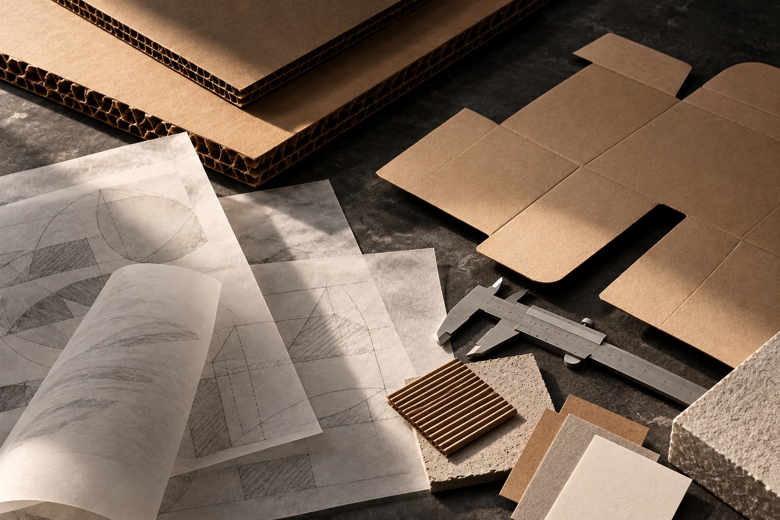 Corrugated board, carton material, source drawings and a measuring tool